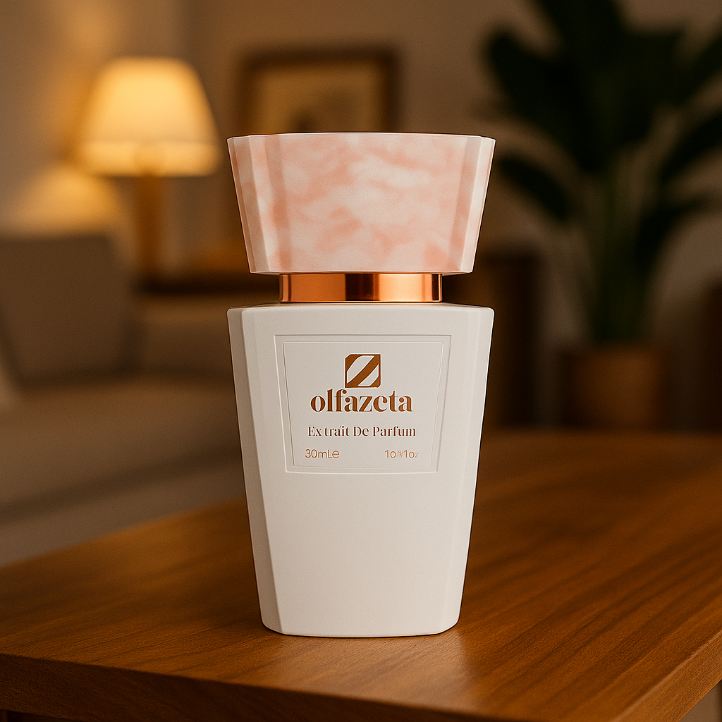 Parfum femme Chogan 70ml dans un flacon blanc et doré raffiné, extrait de parfum inspiré de fragrances iconiques, fond clair.
