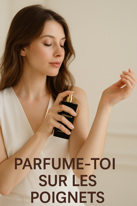Femme appliquant du parfum sur son cou avec un flacon Chogan