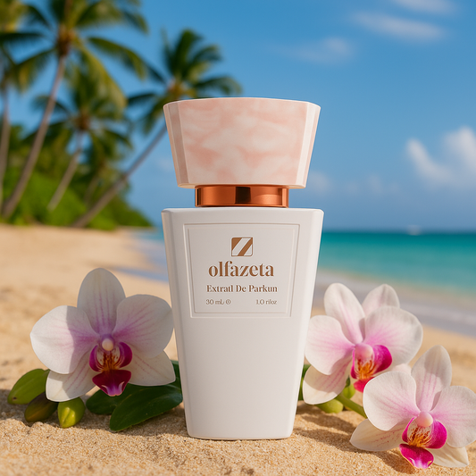 Parfum femme Chogan 70ml dans un flacon blanc et doré raffiné, extrait de parfum inspiré de fragrances iconiques, fond clair.