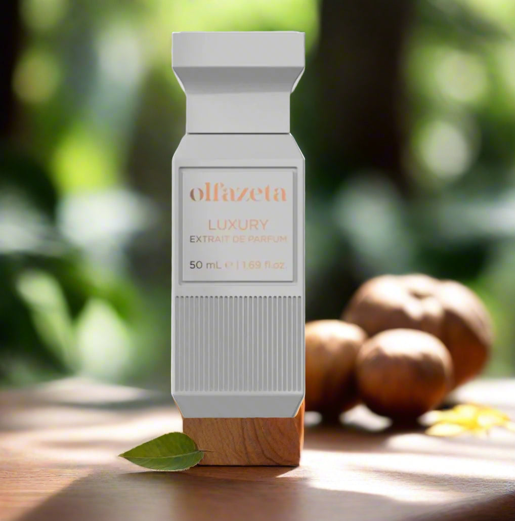 "Flacon Chogan 111 en scène artistique avec ambiance cerise et fond boisé – parfum mixte"