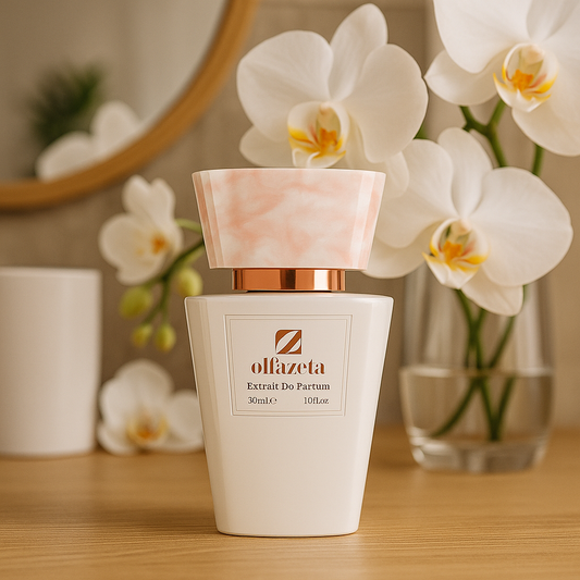Parfum femme Chogan 70ml dans un flacon blanc et doré raffiné, extrait de parfum inspiré de fragrances iconiques, fond clair.