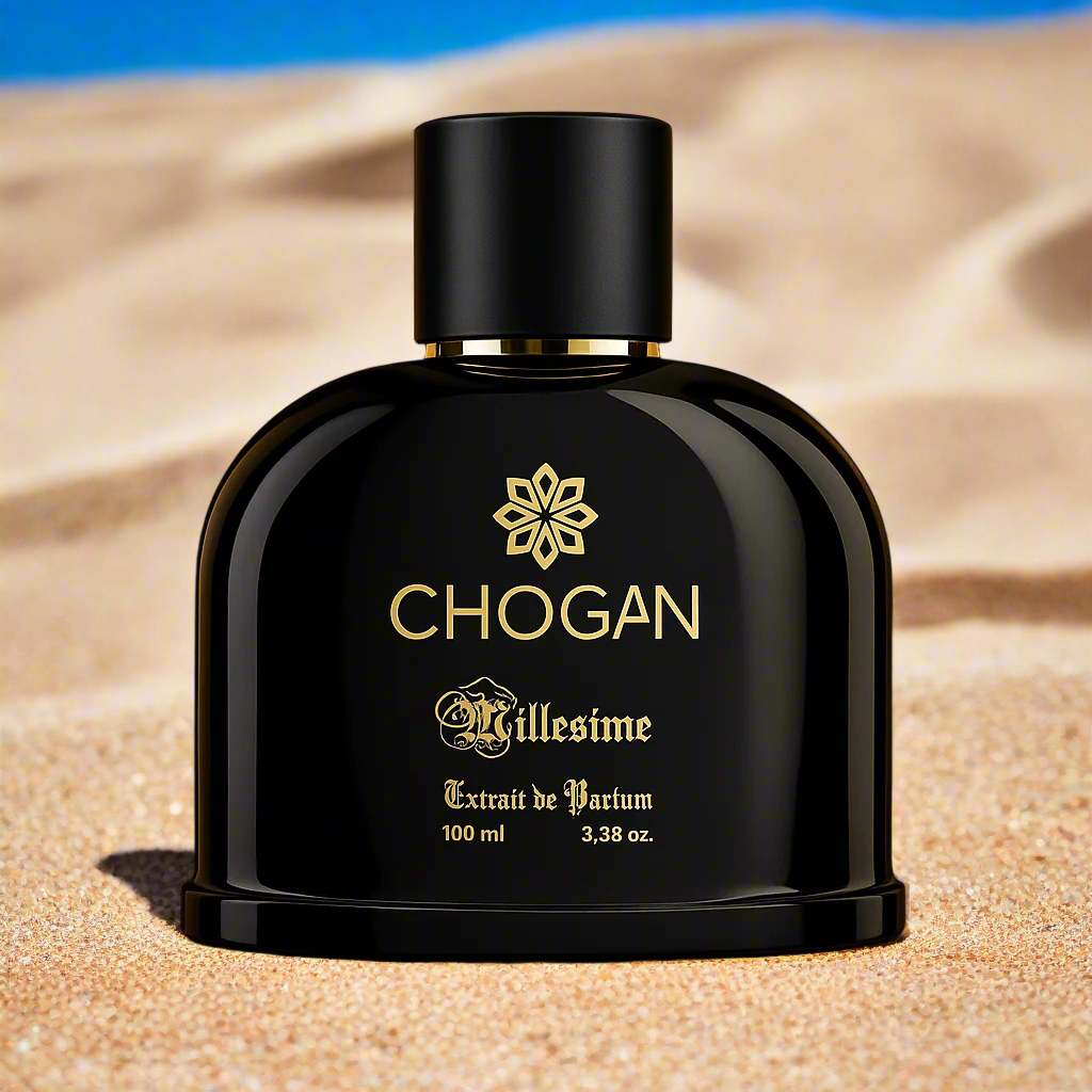 Flacon noir de parfum Chogan pour homme, 100 ml, design sobre et élégant, extrait de parfum inspiré des grandes maisons.